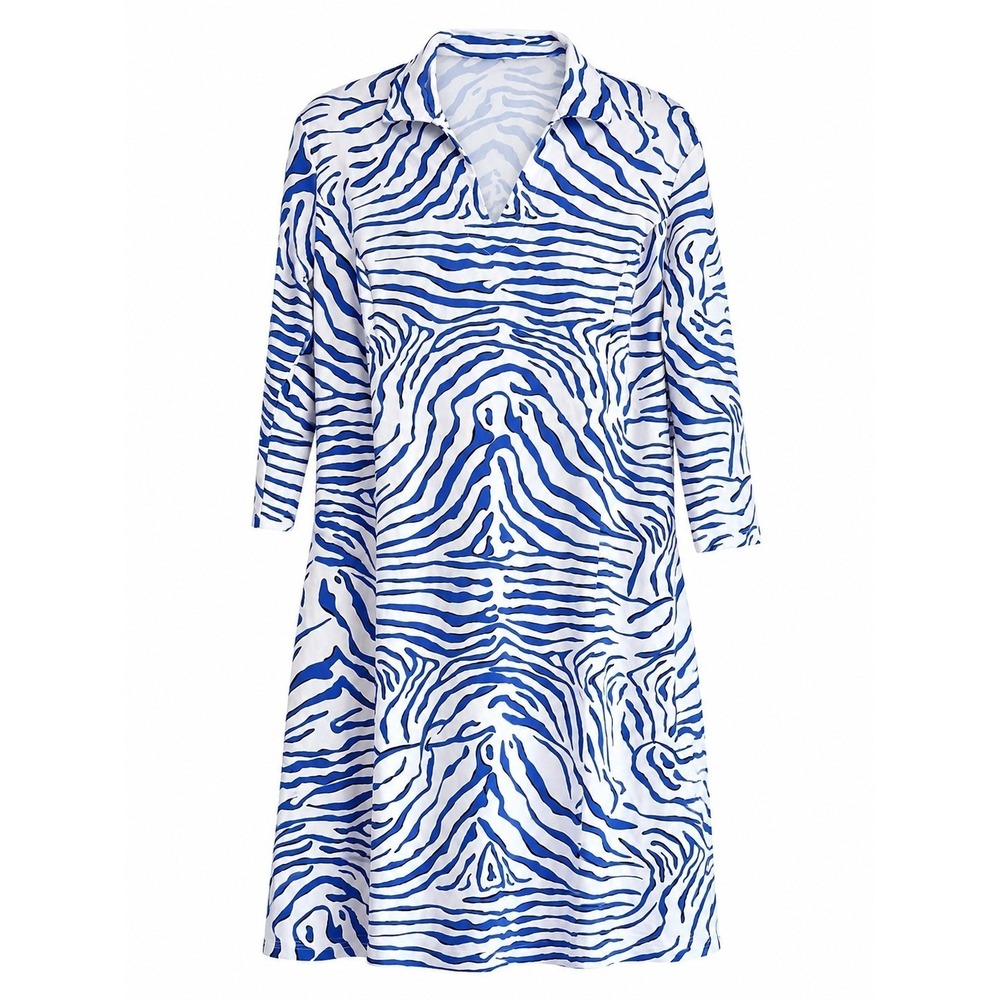 J McLaughlin Catalina Cloth Zebra Dress Medium Blue Resort Country Club $228